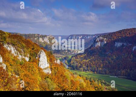 Germania, Baden Wuerttemberg, Danubio superiore parco naturale, vista superiore della Valle del Danubio e il castello di Werenwag in autunno Foto Stock
