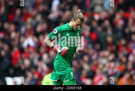 Il portiere di Liverpool Loris Karius reagisce alla fine del prima metà Foto Stock