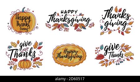 Set di Vector Hand Drawn Happy Thanksgiving tipografia in autunno wreath banner. Testo di celebrazione con bacche e foglie per cartolina, icona o badge. Illustrazione Vettoriale