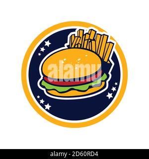 hamburger e patatine fritte con logo vettoriale design snack food segno simbolo isolato Illustrazione Vettoriale