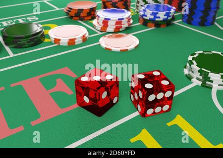 Primo piano di dadi su un tavolo di craps. Concetto di gioco d'azzardo. illustrazione 3d. Foto Stock