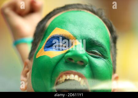 Un tifoso brasiliano mostra il suo sostegno negli stand Foto Stock