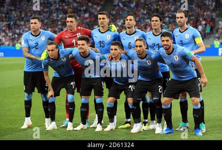 Uruguay (L-R, torna davanti): Jose Gimenez, portiere Fernando Muslera, Matias Vecino, Rodrigo Bentancur, Edinson Cavani, Diego Godin, Diego Laxalt, Nahitan Nandez, Lucas Torreira, Martin Caceres e Luis Suarez Foto Stock