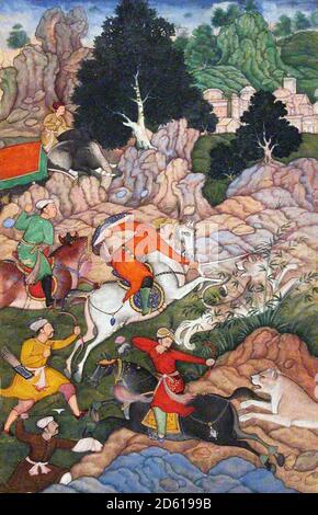 Akbar il Grande. Dipinto intitolato ''Akbar Hunting', che mostra il terzo imperatore Mughal, Abu'l-Fath Jalal-ud-din Muhammad Akbar (1542-1605). Da un manoscritto illustrato dell'Akbarnama, la cronaca della vita dell'Imperatore Akbar, alla fine del XVI secolo Foto Stock