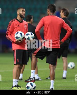 Karim Benzema del Real Madrid durante la sessione di formazione Foto Stock