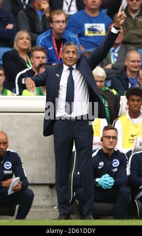 Chris Hughton, manager di Brighton & Hove Albion, durante il gioco Foto Stock