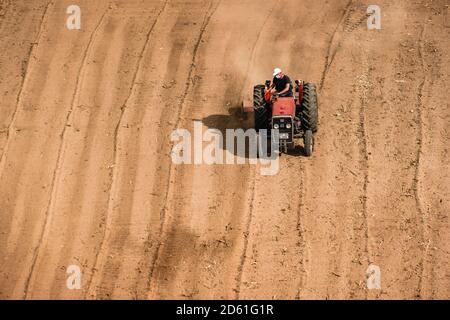 Vista aerea del trattore, campo di coltivazione della mietitrebbia. Immagine con spazio per il testo. Terreni agricoli dall'alto Foto Stock