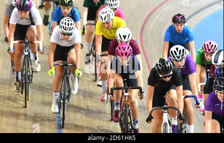 Elimination Race Girls Group A Heat 1 al Derby Velodrome, Derby Arena Foto Stock