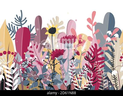 Doodle sfondo senza giunture di fiori d'autunno stilizzati, foglie e alberi per biglietti d'auguri, tessuti, o striscioni. Prato o confine della foresta Illustrazione Vettoriale