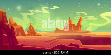 Il paesaggio di Marte, lo sfondo rosso del pianeta alieno, la superficie desertica con montagne, rocce, scogli profondi e stelle brillano sul cielo verde. Sfondo del gioco del computer extraterrestre marziano, illustrazione del vettore cartoon Illustrazione Vettoriale