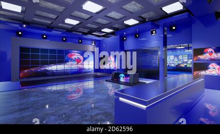 News Studio, sfondo per spettacoli TV .TV su Wall.3D Virtual News Studio sfondo, illustrazione 3d Foto Stock