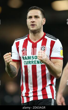 Billy Sharp di Sheffield United festeggia dopo il gioco Foto Stock