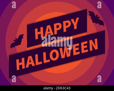 Happy Halloween, 31 ottobre. Banner festivo con testo e pipistrelli su sfondo colorato cerchi. Design per striscioni, cartoline e biglietti d'auguri. VEC Illustrazione Vettoriale