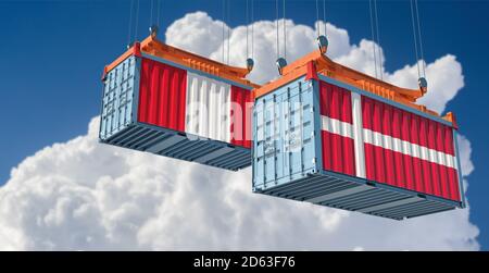 Contenitori per merci con bandiere nazionali della Danimarca e del Perù. Rendering 3D Foto Stock