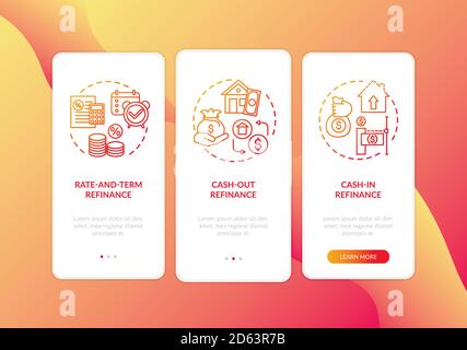 Tipi di rifinanziamento ipotecario onboarding pagina app mobile con concetti Illustrazione Vettoriale