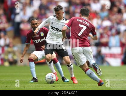 Mason Mount (centro) della contea di Derby e John McGinn di Aston Villa (destra) battaglia per la palla Foto Stock