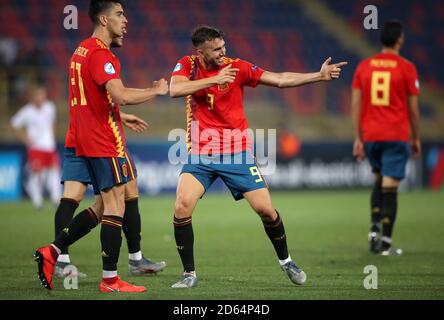 Spagna Borja Mayoral celebra il punteggio del suo quinto gol laterale del gioco Foto Stock