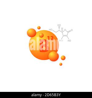 Icona vitamina B12. Supplemento dietetico. Pulsante di assistenza sanitaria. Capsula. Vettore su sfondo bianco isolato. EPS 10. Illustrazione Vettoriale