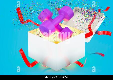 Dumbbells viola per Strength Training 1.5 kg, rendering 3D su sfondo blu Foto Stock