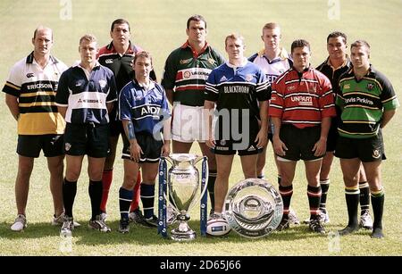 L-R: Lawrence Dallaglio, London Wasps, Jason Little, Bristol, Abdul Benazzi, Saracens, Bryan RedBath, sale Sharks, Martin Johnson, Leicester Tigers, Mike Tindall, Bath, Carl Hogg, Leeds, Henry Paul, Gloucester, Pat Lam, Poutney, Newcastle, Buedge Foto Stock