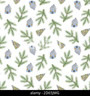Albero di Natale decorazione blu casa, abete verde, rami ripetizione motivo acquerello illustrazione su sfondo bianco umore festivo, festa invernale celebrazione disegno per tessuto, carta da imballaggio Foto Stock