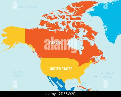 Mappa Nord America - 4 colori brillanti. Mappa politica dettagliata del continente nordamericano con etichettatura dei nomi di paesi, oceani e mari. Illustrazione Vettoriale