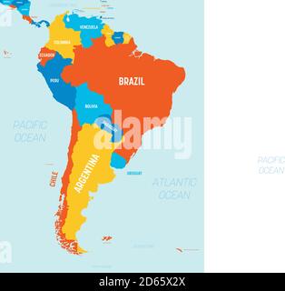 Mappa del Sud America - 4 colori brillanti. Mappa politica dettagliata del  continente sudamericano con l'etichettatura dei nomi di paesi, oceani e mari  Immagine e Vettoriale - Alamy