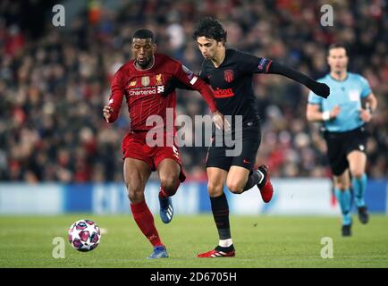 Georginio Wijnaldum di Liverpool (a sinistra) e Sequeira Joao Felix di Atletico Madrid battaglia per il pallone Foto Stock