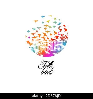 Acquerello dell'uccello. Un gregge di uccelli colorati. Supporti misti. Astrazione in un cerchio di un uccello. Illustrazione vettoriale Illustrazione Vettoriale