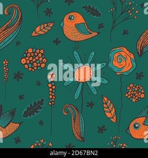Ornamentali uccelli e fiori senza cuciture motivo. Illustrazione vettoriale Illustrazione Vettoriale