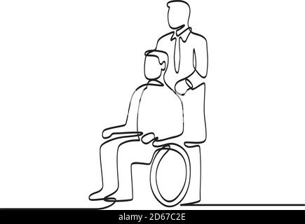 Illustrazione a linea continua del paziente seduto su sedia a rotelle con medico o infermiere in stile monolino bianco e nero. Illustrazione Vettoriale