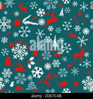 Una serie di fiocchi di neve. Elementi natalizi rosso-blu stampati senza cuciture. Illustrazione vettoriale Illustrazione Vettoriale