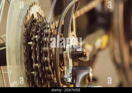 Primo piano di un meccanismo di ingranaggi di bicicletta e. Foto Stock