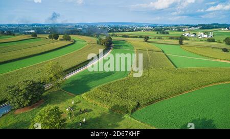 Vista aerea di belle terre di fattoria e campagna su un Giorno estivo soleggiato Foto Stock