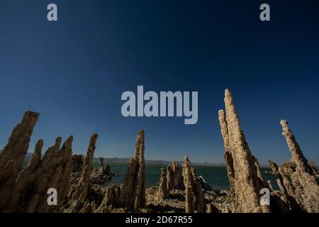 12 giugno 2014, Lee Vining, California, USA: Colonne di tufo calcareo a sud tufa, Mono Lake vicino Lee Vining. Mono Lake è un grande lago di soda salino poco profondo nella contea di Mono, California, formato almeno 760,000 anni fa come lago terminale in un bacino endorheic. La mancanza di un'uscita provoca l'accumulo di alti livelli di sali nel lago. Questi sali rendono alcalina anche l'acqua del lago. Questo lago desertico ha un ecosistema insolitamente produttivo basato su gamberi salamini che prosperano nelle sue acque, e fornisce un habitat critico di nidificazione per due milioni di uccelli migratori annuali che si nutrono sui gamberi e sul blackfl Foto Stock