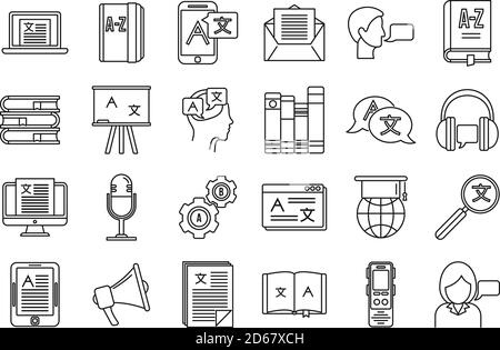Set di icone di lingua linguista. Insieme di icone vettoriali di lingua per il web design isolate su sfondo bianco Illustrazione Vettoriale