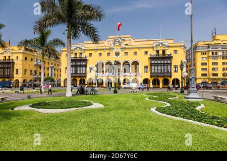 Plaza Mayor e Palazzo Municipale, Plaza de Armas, 'Plaza de Armas de Lima', Lima, Perù, Sud America Foto Stock