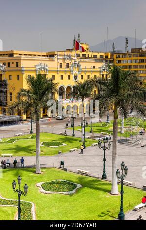 Plaza Mayor e Palazzo Municipale, Plaza de Armas, 'Plaza de Armas de Lima', Lima, Perù, Sud America Foto Stock