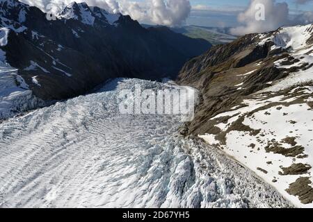 Ghiacciaio Franz Josef, un ghiacciaio a fondere a causa del cambiamento climatico, Franz Josef, Isola del Sud, Nuova Zelanda Foto Stock