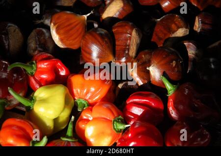 alcune castagne e colorati peperoni habanero rosso e arancio top Primo piano in una luce naturale in autunno Foto Stock