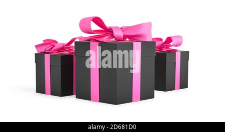 Regali di Natale scatole nere legate con nastro rosa. Regalo di compleanno con amore. Felice celebrazione presente. Rendering 3D Foto Stock
