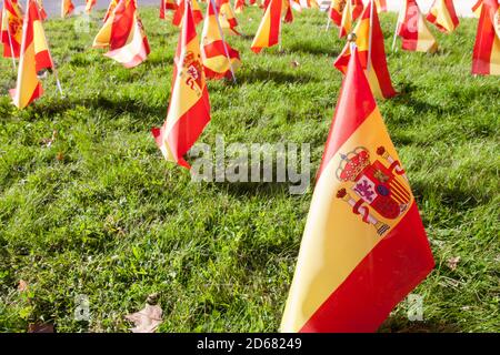 Erba piena di bandiere spagnole al 12 ottobre Giornata Nazionale di Spagna. Messa a fuoco selettiva Foto Stock