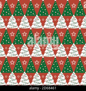 Albero di Natale modello senza giunture. Motivo geometrico con alberi di Natale e stelle. Colori rosso, verde e bianco Illustrazione Vettoriale