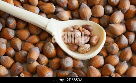 Cucchiaio di legno con nocciole pelate su fondo noci intere. Stile di vita rustico Foto Stock