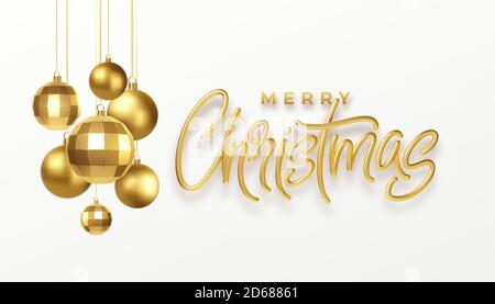 Cartolina di auguri calligraphy del partito di Natale con le decorazioni metalliche dorate di natale isolate su sfondo bianco. Illustrazione vettoriale Illustrazione Vettoriale