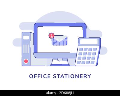 Notifica e-mail di Office stationery Concept sullo schermo del computer del display supporto per lima con fondo isolato bianco e profilo piatto Illustrazione Vettoriale