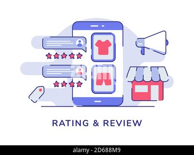 Valutazione e revisione del feedback di concetto Rank star commento vestiti su display smartphone schermo megaphone mercato negozio bianco isolato sfondo con piatto Illustrazione Vettoriale