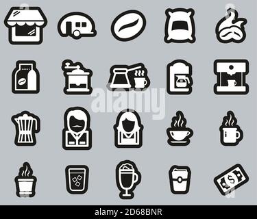 Icone del Coffee Shop White on Black Sticker Set Big Illustrazione Vettoriale