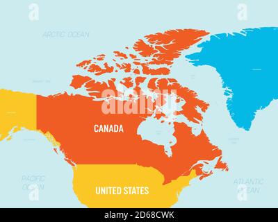 Mappa Canada - 4 colori brillanti. Mappa politica dettagliata del Canada e dei paesi limitrofi con etichettatura dei nomi di paesi, oceani e mari. Illustrazione Vettoriale