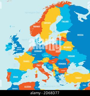 Cartina dell'Europa - 4 colori brillanti. Mappa politica dettagliata del continente europeo con etichettatura dei nomi di paesi, oceani e mari. Illustrazione Vettoriale